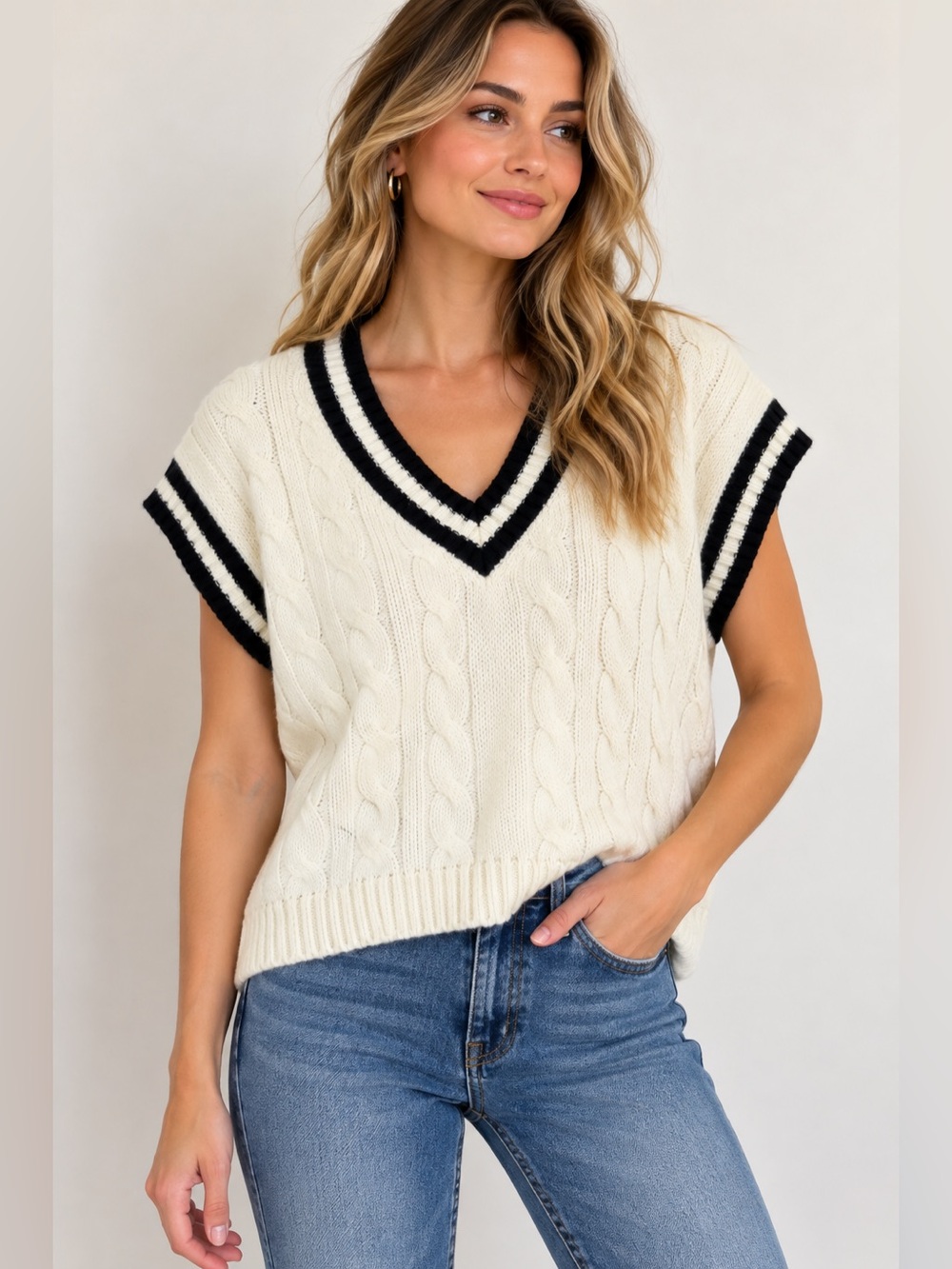 79 NWT Blu Pepper Cable Knit Sweater Vest Cream Black Varsity Size Small